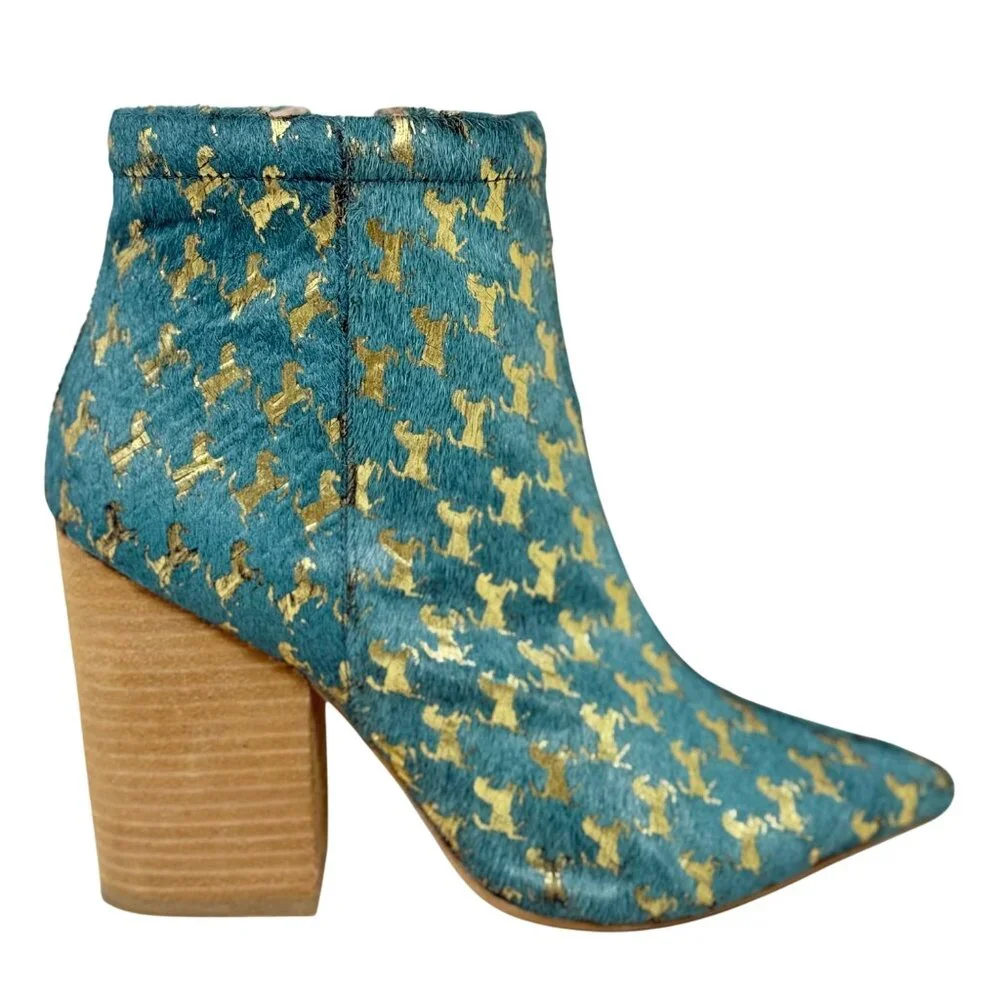 Jeffery Campbell Handmade Teal &‎ Gold Horse Houndstooth Ankle Boots 8.5M